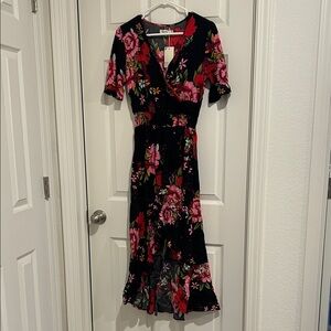 Floral Black and Pink Wrap Dress
